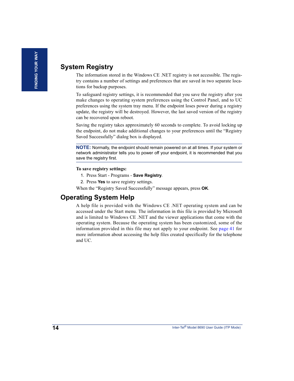 System registry, Operating system help, System registry operating system help | Inter-Tel ENDPOINT 8690 User Manual | Page 20 / 156