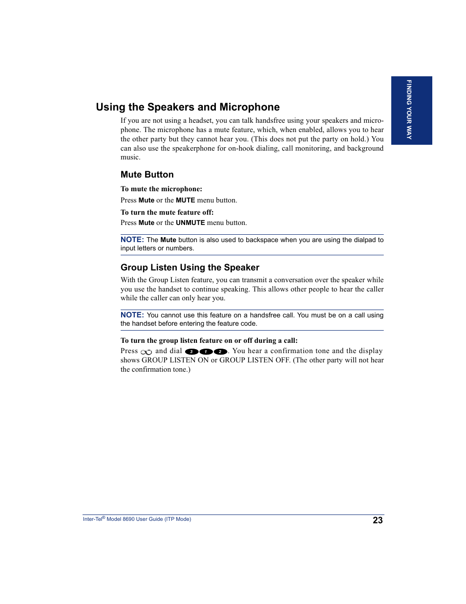 Using the speakers and microphone, Mute button, Group listen using the speaker | Inter-Tel ENDPOINT 8690 User Manual | Page 29 / 156