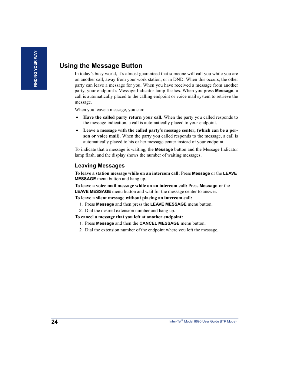 Using the message button, Leaving messages | Inter-Tel ENDPOINT 8690 User Manual | Page 30 / 156