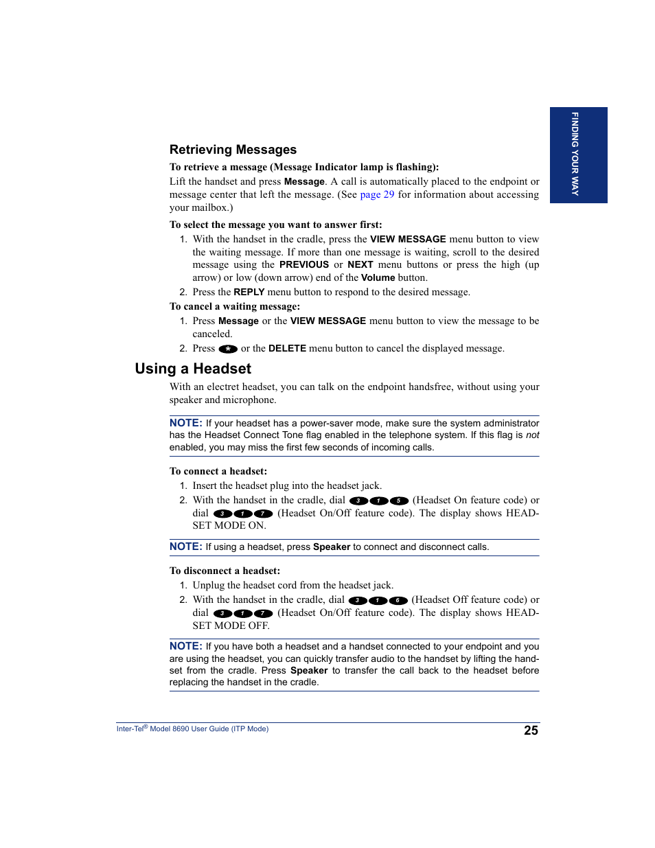 Using a headset, Retrieving messages | Inter-Tel ENDPOINT 8690 User Manual | Page 31 / 156