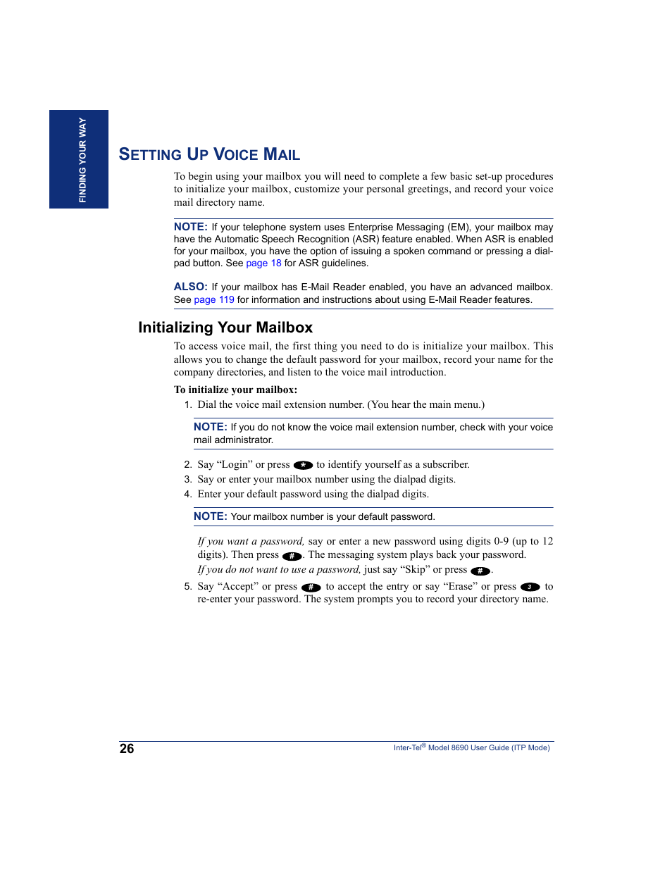 Setting up voice mail, Initializing your mailbox, Etting | Oice | Inter-Tel ENDPOINT 8690 User Manual | Page 32 / 156