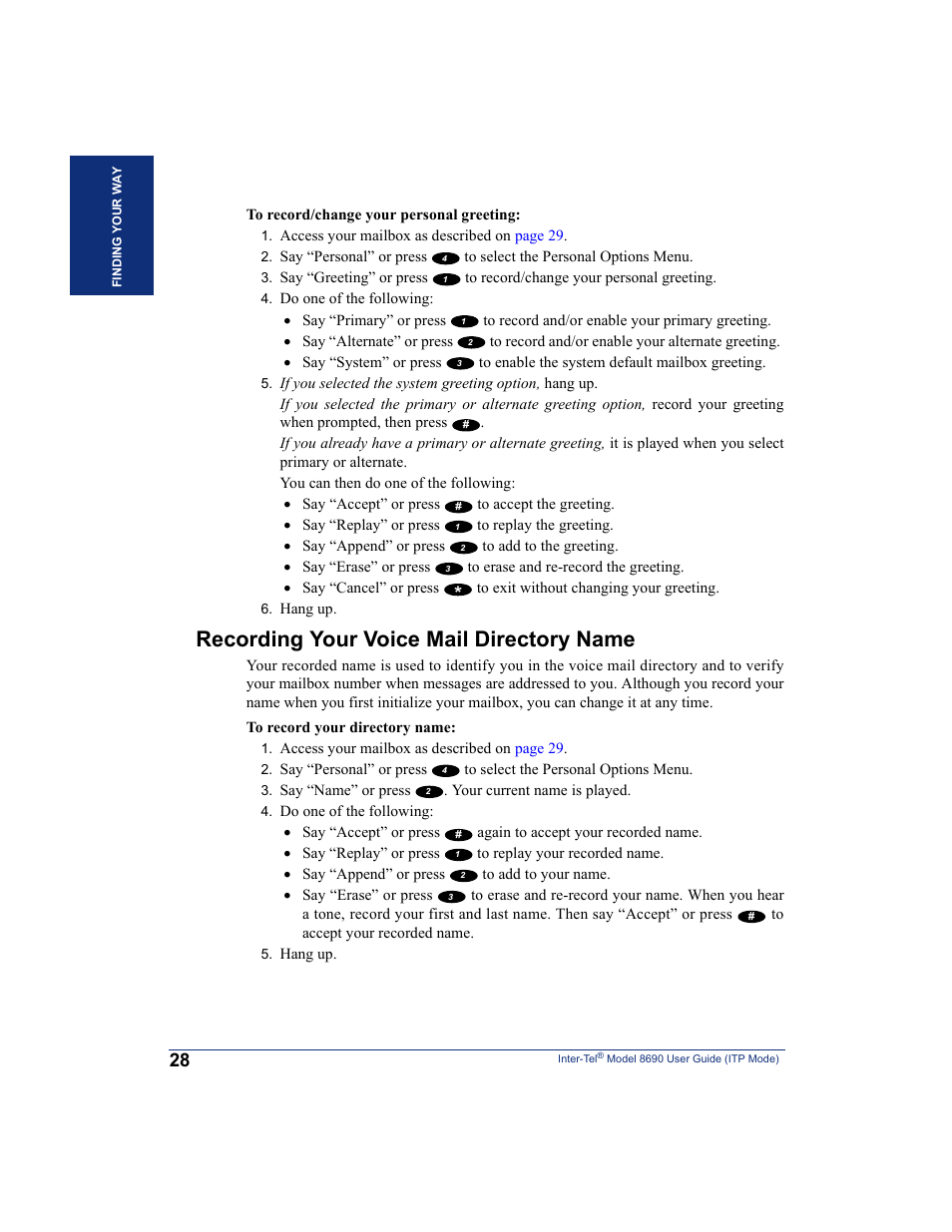 Recording your voice mail directory name | Inter-Tel ENDPOINT 8690 User Manual | Page 34 / 156