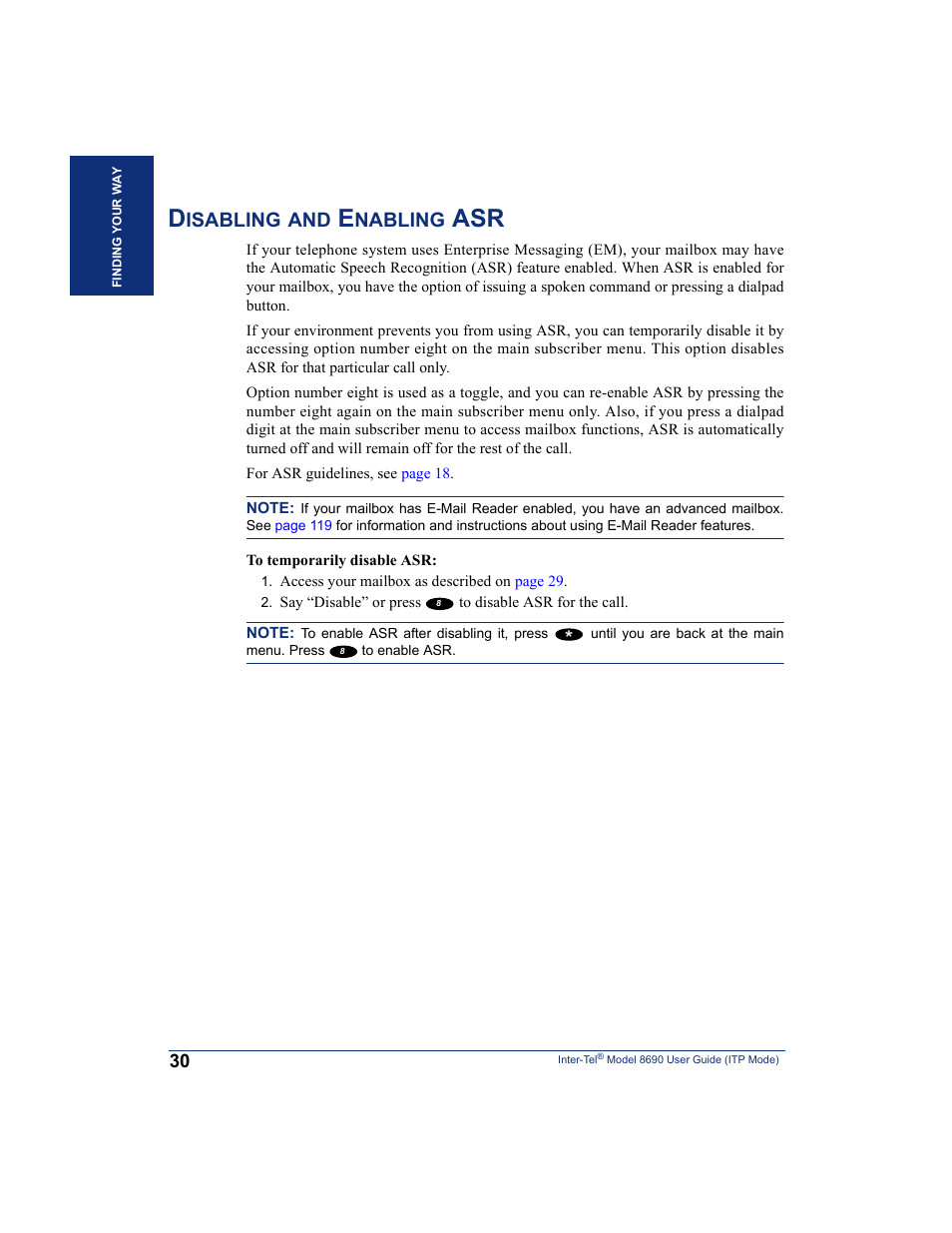 Disabling and enabling asr, Isabling, Nabling | Inter-Tel ENDPOINT 8690 User Manual | Page 36 / 156