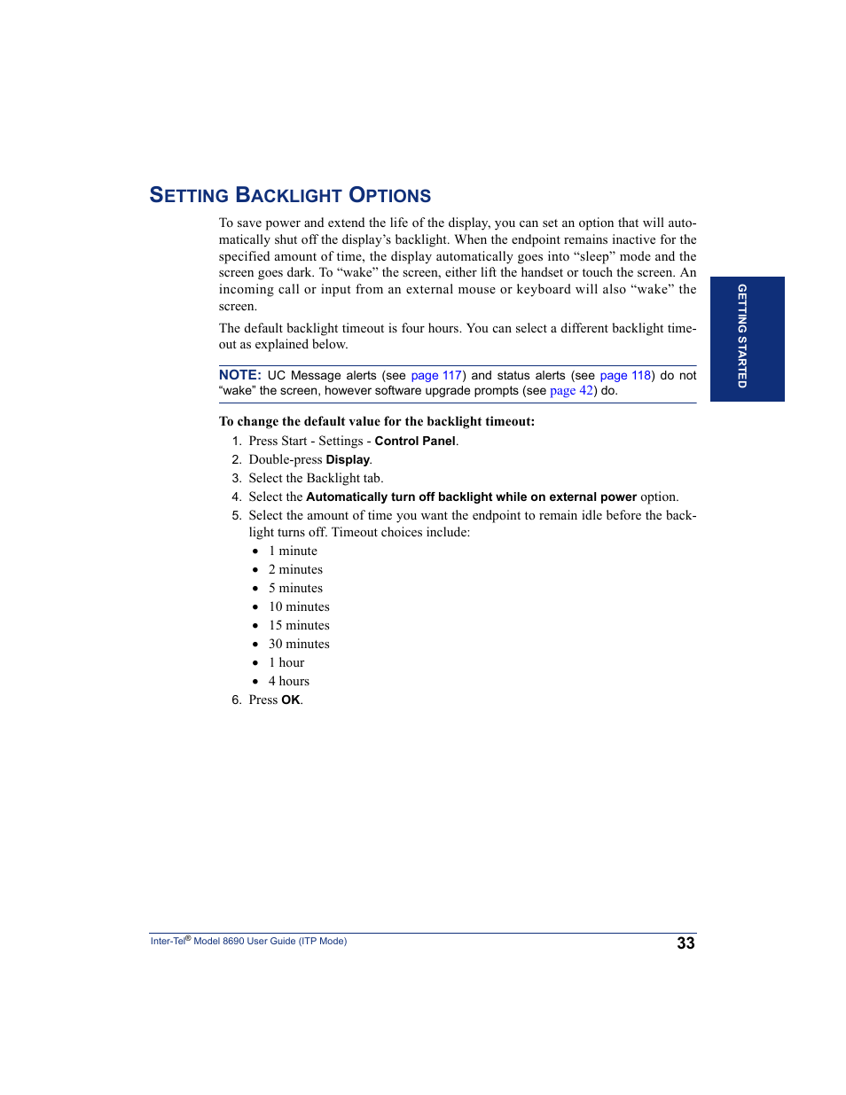 Setting backlight options, Etting, Acklight | Ptions | Inter-Tel ENDPOINT 8690 User Manual | Page 39 / 156