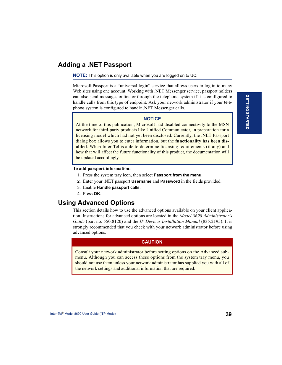 Adding a .net passport, Using advanced options | Inter-Tel ENDPOINT 8690 User Manual | Page 45 / 156