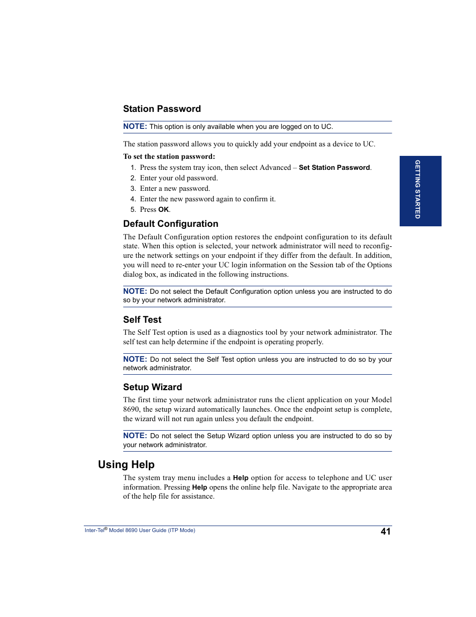 Using help, Station password, Default configuration | Self test, Setup wizard | Inter-Tel ENDPOINT 8690 User Manual | Page 47 / 156
