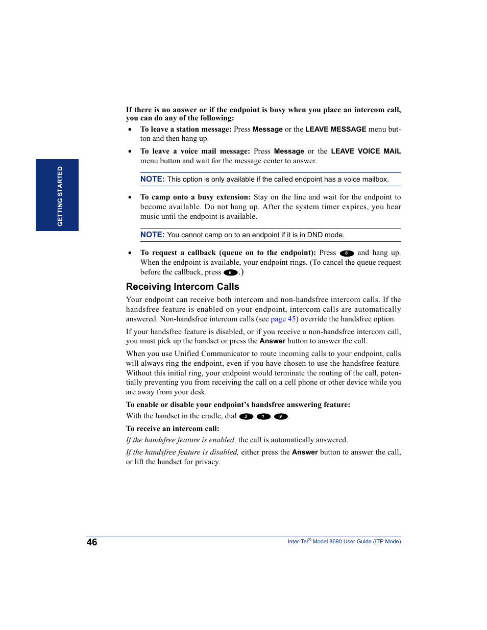 Receiving intercom calls | Inter-Tel ENDPOINT 8690 User Manual | Page 52 / 156