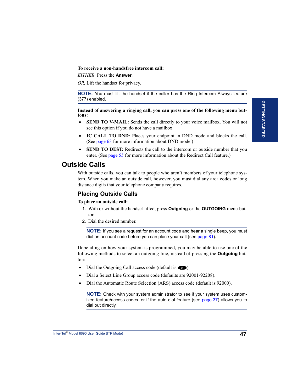Outside calls, Placing outside calls | Inter-Tel ENDPOINT 8690 User Manual | Page 53 / 156