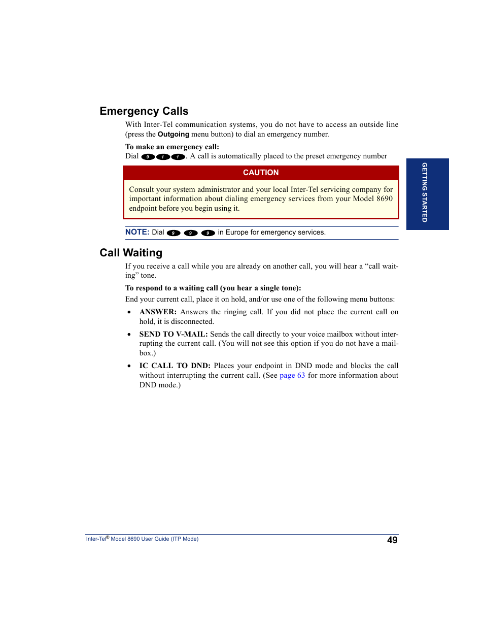 Emergency calls, Call waiting | Inter-Tel ENDPOINT 8690 User Manual | Page 55 / 156