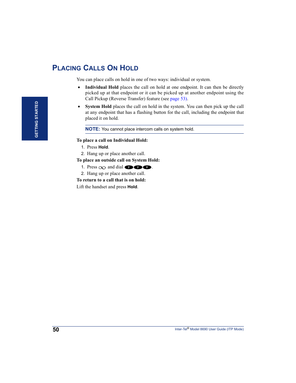 Placing calls on hold, Lacing, Alls | Inter-Tel ENDPOINT 8690 User Manual | Page 56 / 156