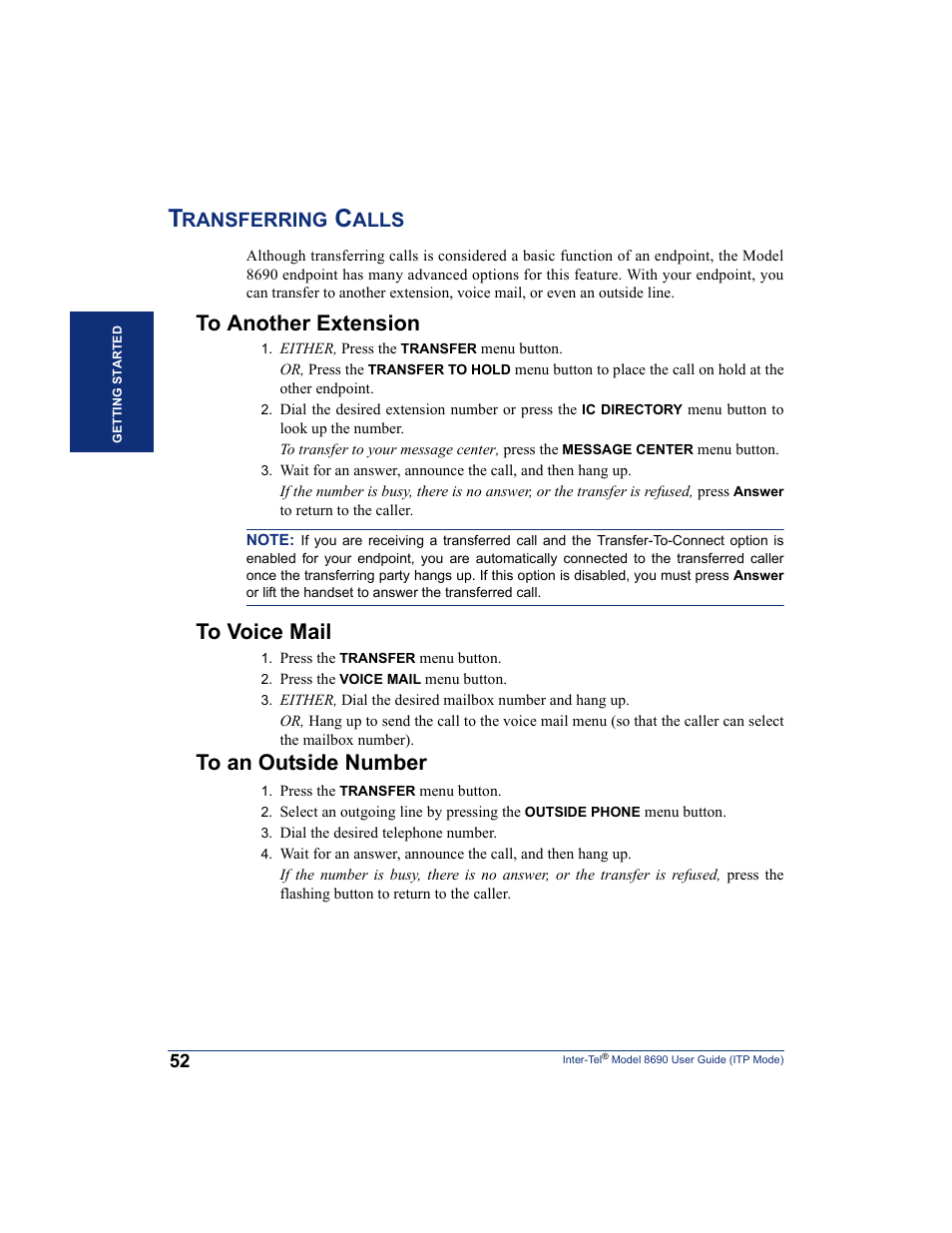 Transferring calls, To another extension, To voice mail | To an outside number, Ransferring, Alls | Inter-Tel ENDPOINT 8690 User Manual | Page 58 / 156