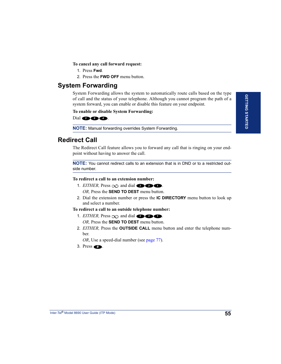 System forwarding, Redirect call, Entered. (see | Inter-Tel ENDPOINT 8690 User Manual | Page 61 / 156