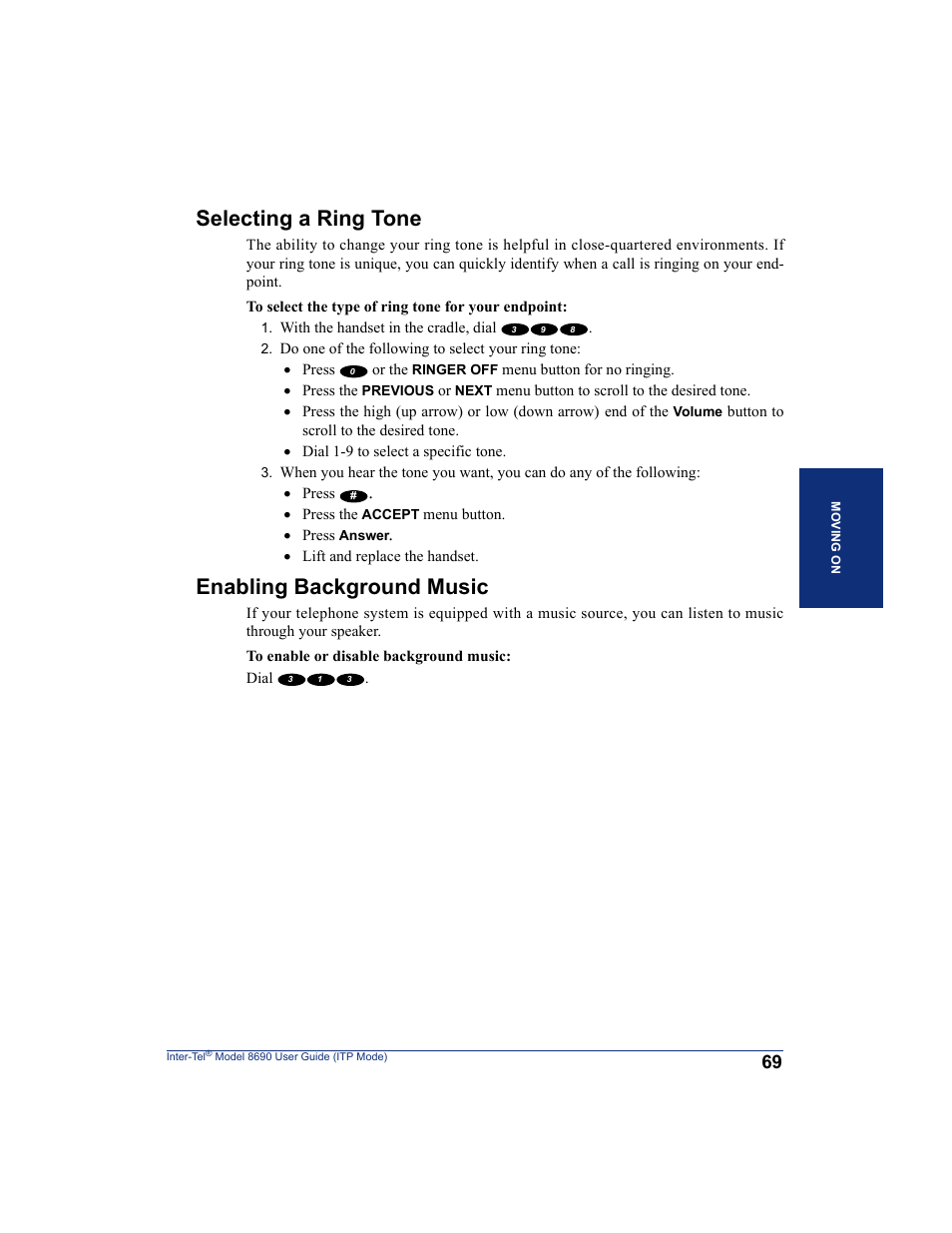 Selecting a ring tone, Enabling background music, Selecting a ring tone enabling background music | Inter-Tel ENDPOINT 8690 User Manual | Page 75 / 156
