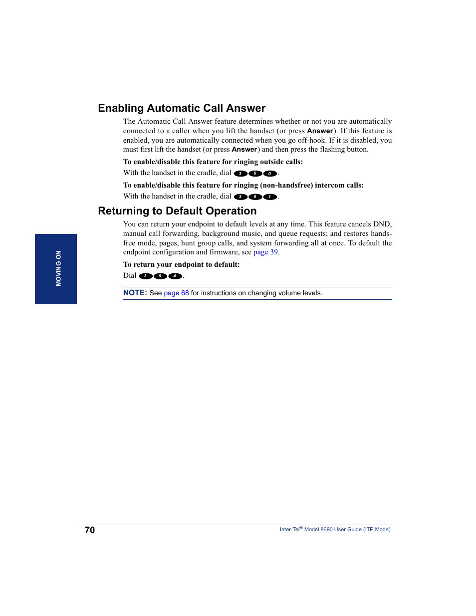 Enabling automatic call answer, Returning to default operation | Inter-Tel ENDPOINT 8690 User Manual | Page 76 / 156