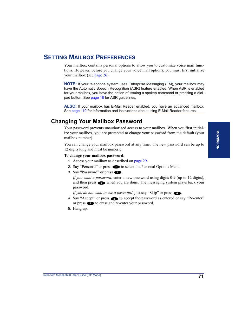 Setting mailbox preferences, Changing your mailbox password, Etting | Ailbox, References | Inter-Tel ENDPOINT 8690 User Manual | Page 77 / 156