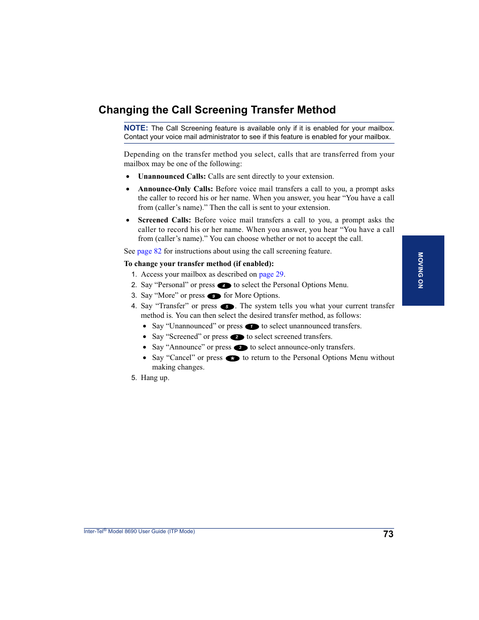 Changing the call screening transfer method | Inter-Tel ENDPOINT 8690 User Manual | Page 79 / 156