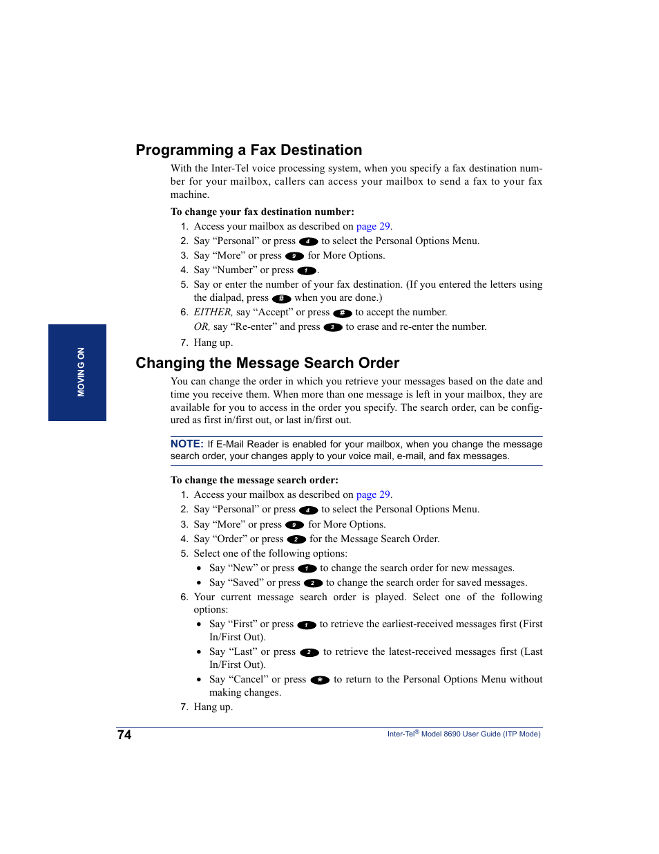 Programming a fax destination, Changing the message search order | Inter-Tel ENDPOINT 8690 User Manual | Page 80 / 156