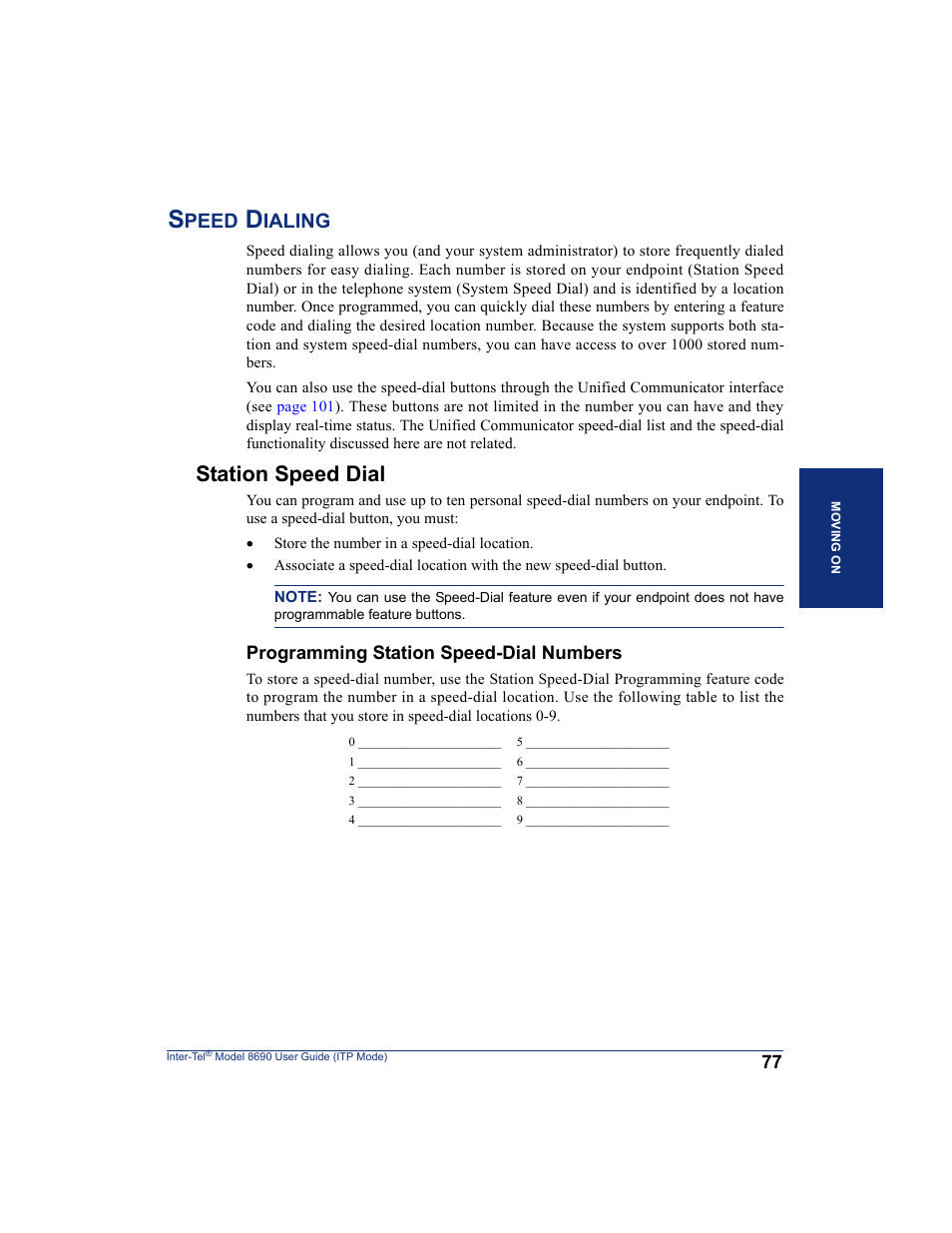 Speed dialing, Station speed dial, Peed | Ialing | Inter-Tel ENDPOINT 8690 User Manual | Page 83 / 156