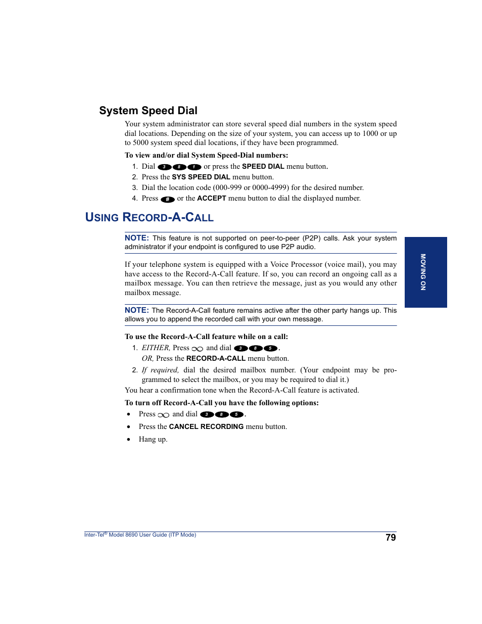 System speed dial, Using record-a-call, Sing | Ecord | Inter-Tel ENDPOINT 8690 User Manual | Page 85 / 156