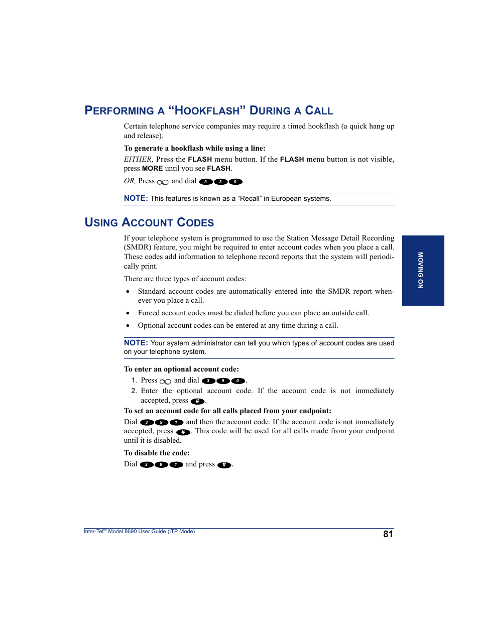 Performing a “hookflash” during a call, Using account codes, Erforming | Ookflash, Uring, Sing, Ccount, Odes | Inter-Tel ENDPOINT 8690 User Manual | Page 87 / 156