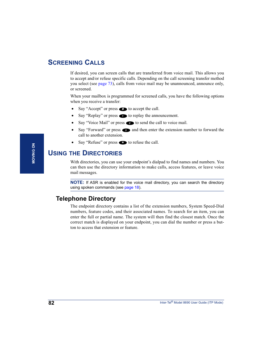 Screening calls, Using the directories, Telephone directory | Screening calls using the directories, For more, Creening, Alls, Sing, Irectories | Inter-Tel ENDPOINT 8690 User Manual | Page 88 / 156