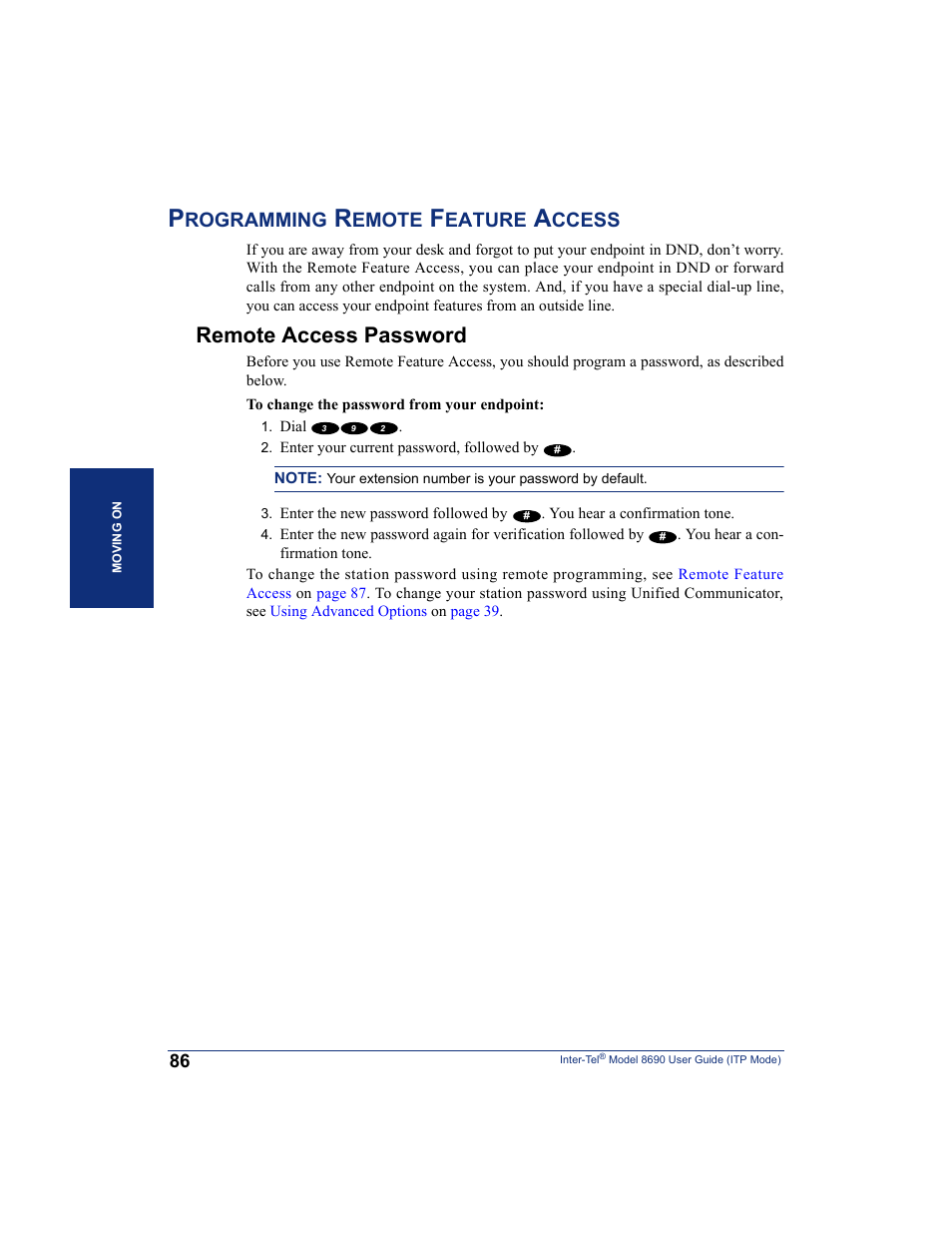 Programming remote feature access, Remote access password, Rogramming | Emote, Eature, Ccess | Inter-Tel ENDPOINT 8690 User Manual | Page 92 / 156