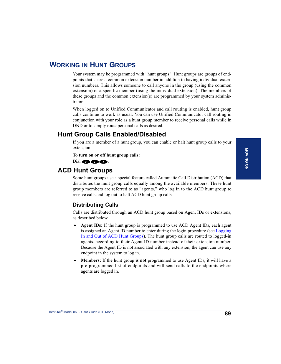 Working in hunt groups, Hunt group calls enabled/disabled, Acd hunt groups | Hunt group calls enabled/disabled acd hunt groups | Inter-Tel ENDPOINT 8690 User Manual | Page 95 / 156