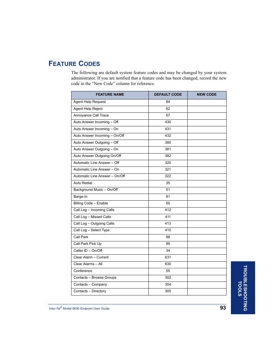 Feature codes, Code (see, Eature | Odes | Inter-Tel 8690 User Manual | Page 107 / 118