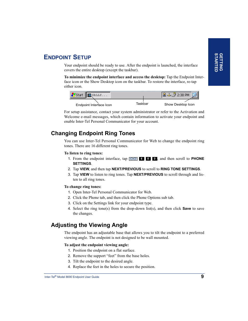 Endpoint setup, Changing endpoint ring tones, Adjusting the viewing angle | Ndpoint, Etup | Inter-Tel 8690 User Manual | Page 23 / 118