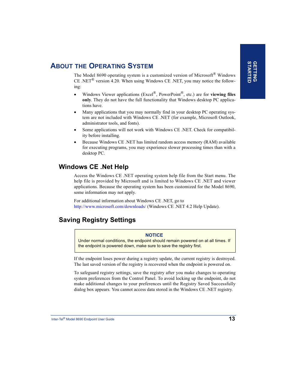 About the operating system, Windows ce .net help, Saving registry settings | Windows ce .net help saving registry settings, Registry first (see | Inter-Tel 8690 User Manual | Page 27 / 118