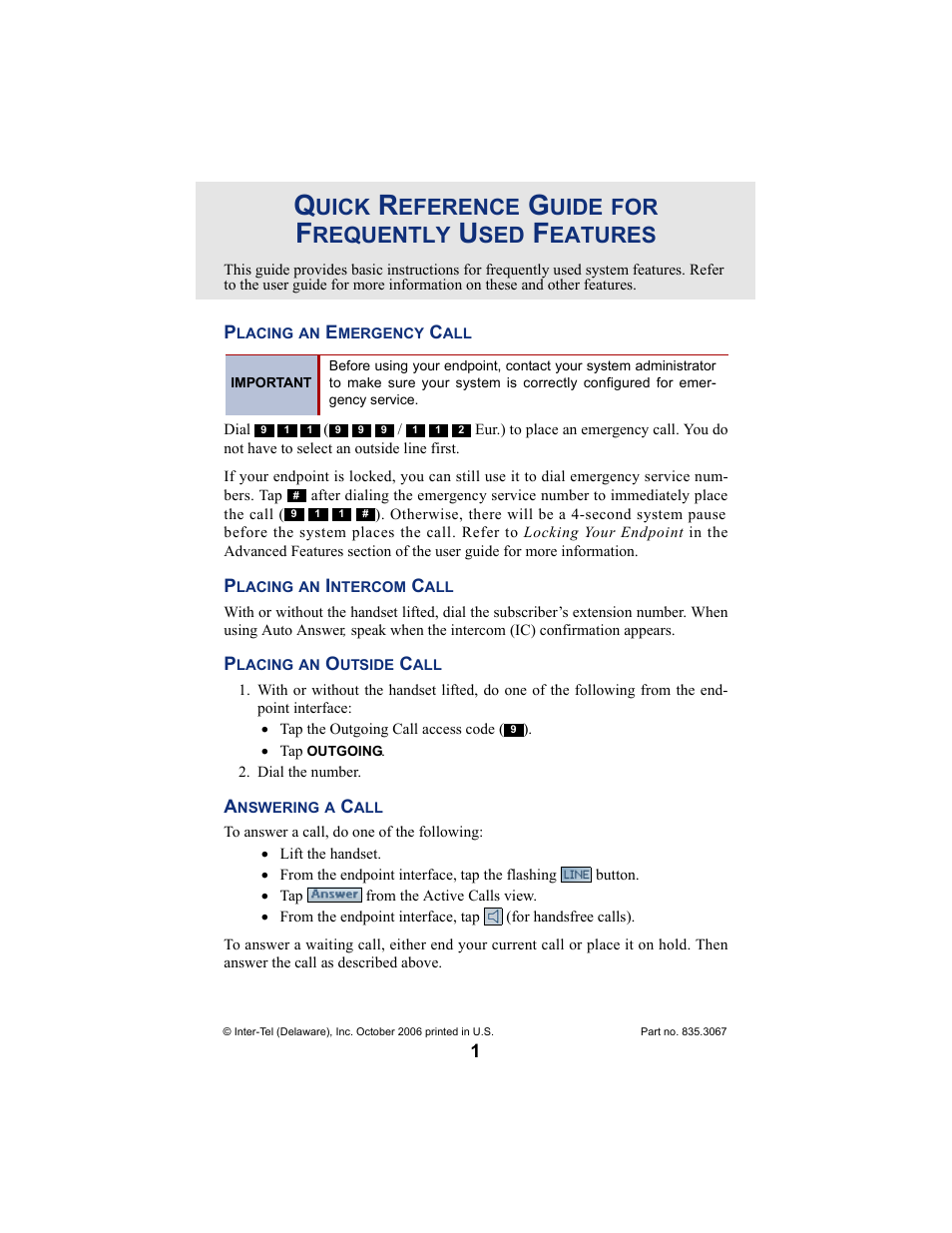 Quick reference guide, Uick, Eference | Uide, Requently, Eatures | Inter-Tel 8690 User Manual | Page 3 / 118