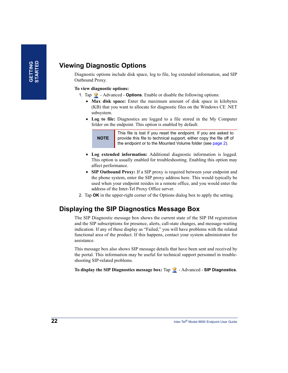Viewing diagnostic options, Displaying the sip diagnostics message box | Inter-Tel 8690 User Manual | Page 36 / 118
