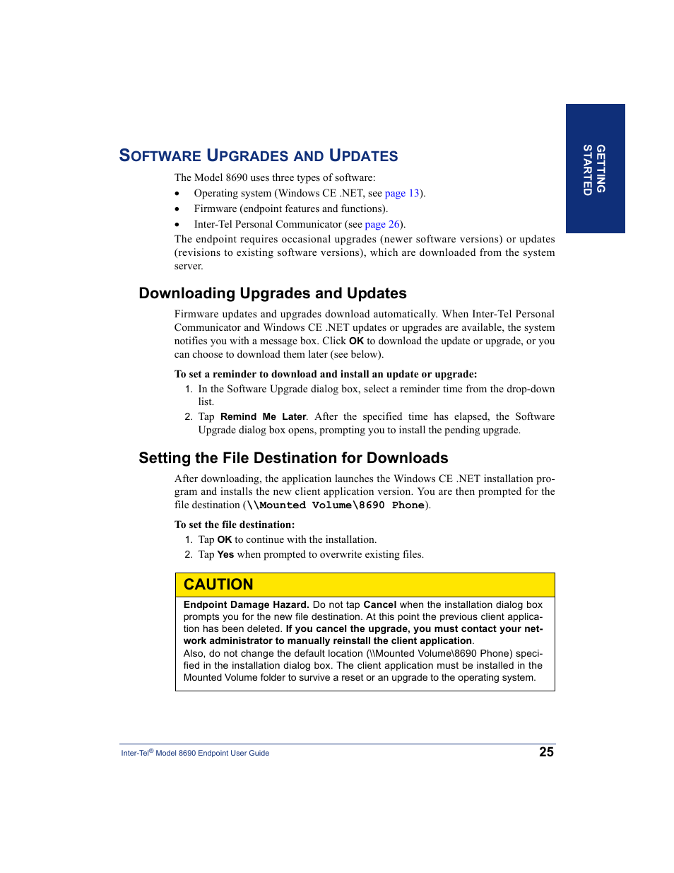 Software upgrades and updates, Downloading upgrades and updates, Setting the file destination for downloads | For m, Caution | Inter-Tel 8690 User Manual | Page 39 / 118
