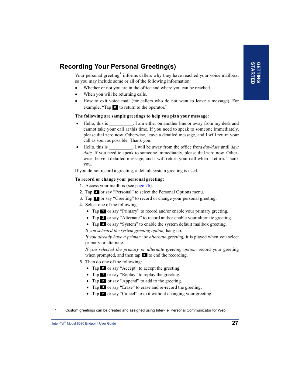 Recording your personal greeting(s) | Inter-Tel 8690 User Manual | Page 41 / 118