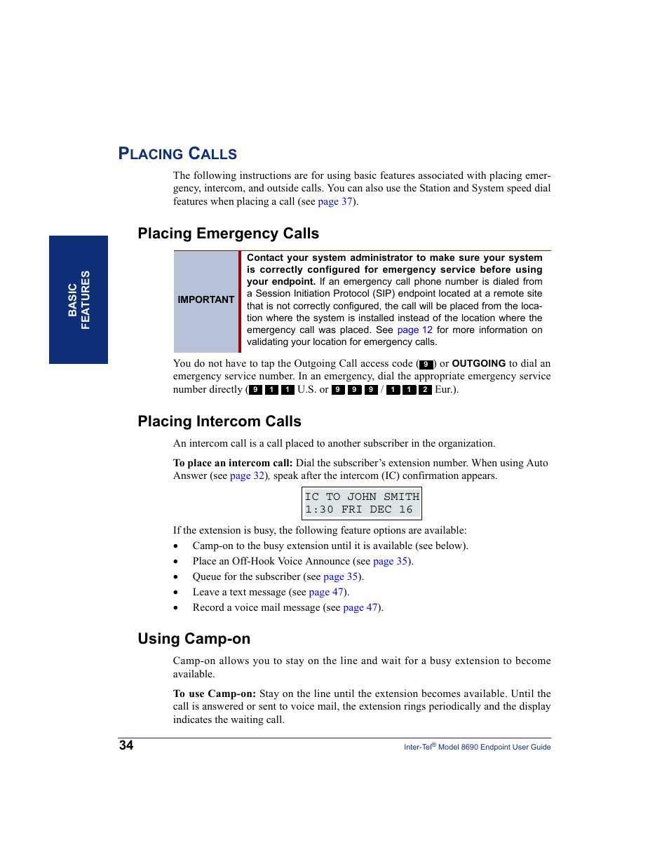 Placing calls, Placing emergency calls, Placing intercom calls | Using camp-on, Lacing, Alls | Inter-Tel 8690 User Manual | Page 48 / 118