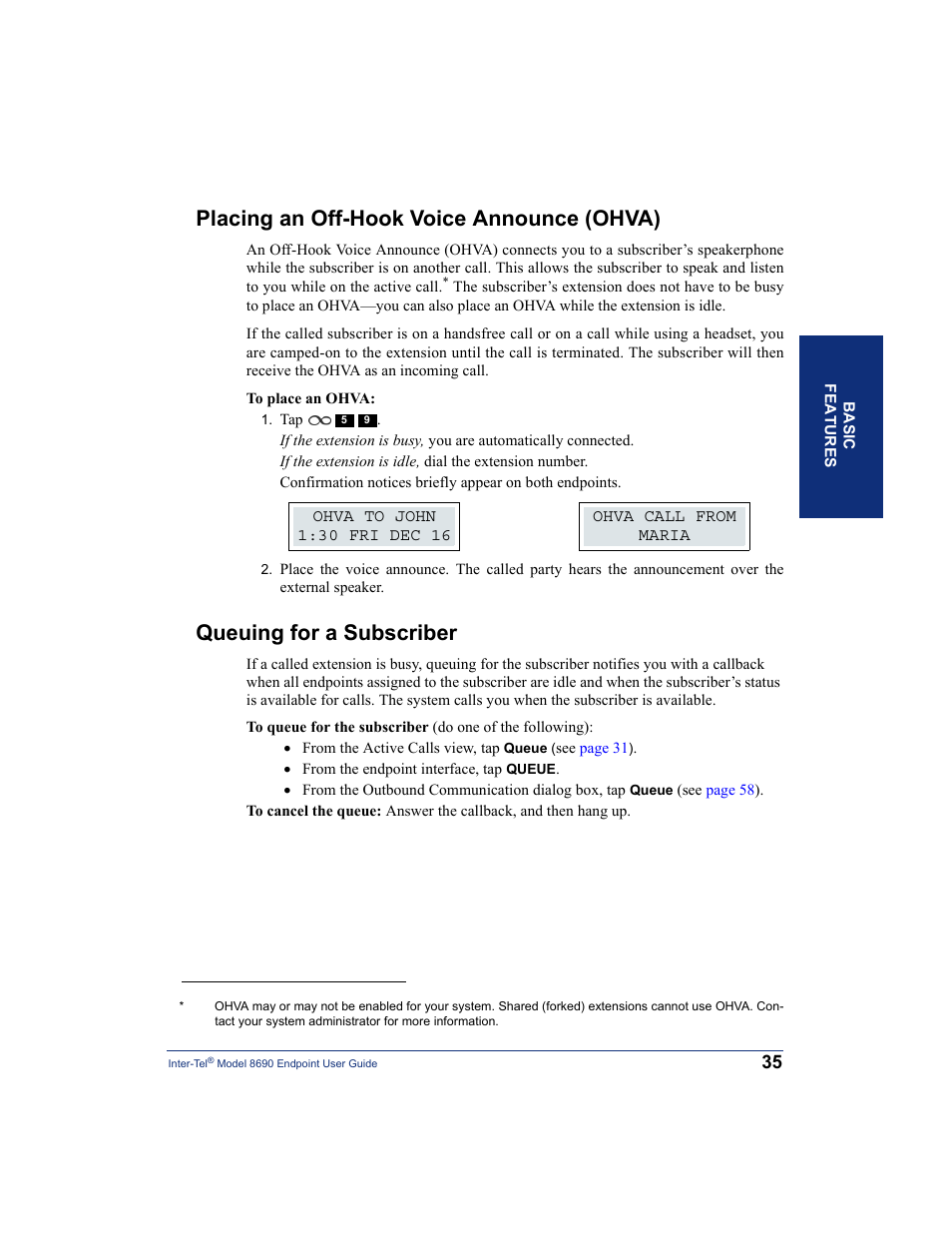 Placing an off-hook voice announce (ohva), Queuing for a subscriber, Ice announce (see | Inter-Tel 8690 User Manual | Page 49 / 118