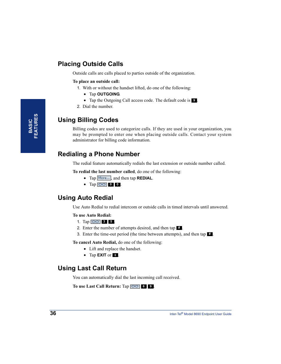 Placing outside calls, Using billing codes, Redialing a phone number | Using auto redial, Using last call return, Redialing, A phone number | Inter-Tel 8690 User Manual | Page 50 / 118