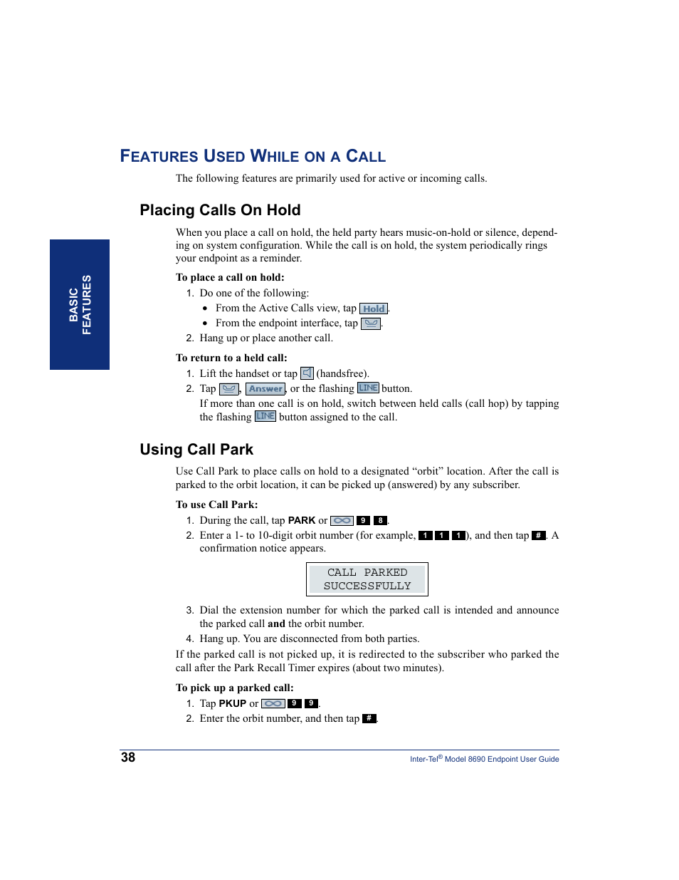 Features used while on a call, Placing calls on hold, Using call park | Placing calls on hold using call park, Eatures, Hile | Inter-Tel 8690 User Manual | Page 52 / 118