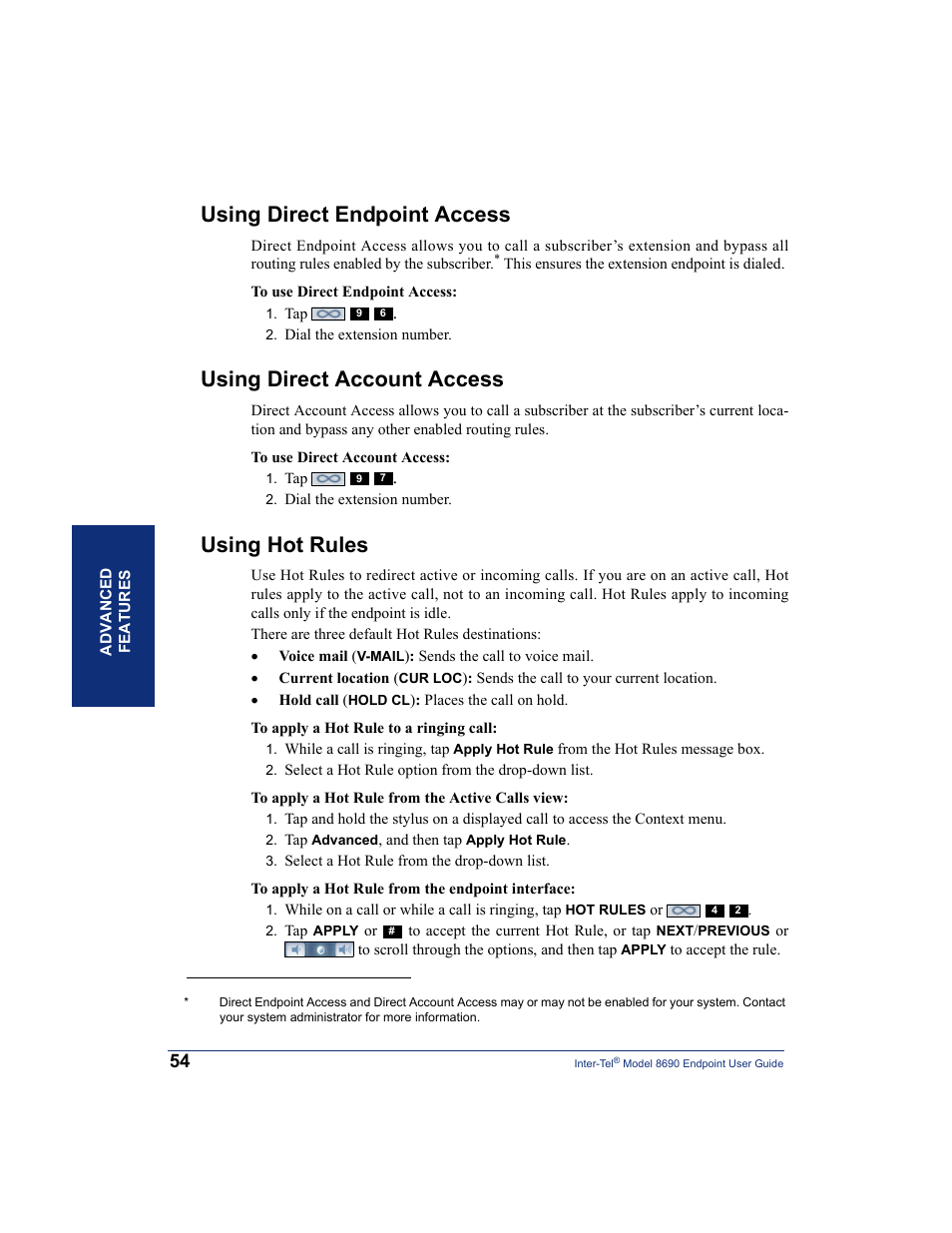 Using direct endpoint access, Using direct account access, Using hot rules | S (see | Inter-Tel 8690 User Manual | Page 68 / 118