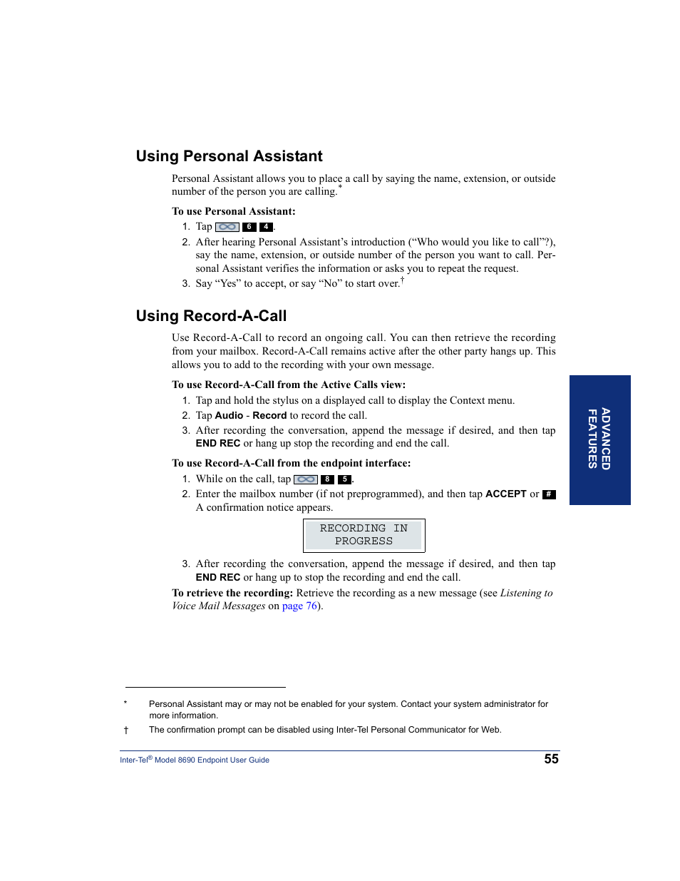 Using personal assistant, Using record-a-call, Using personal assistant using record-a-call | Inter-Tel 8690 User Manual | Page 69 / 118