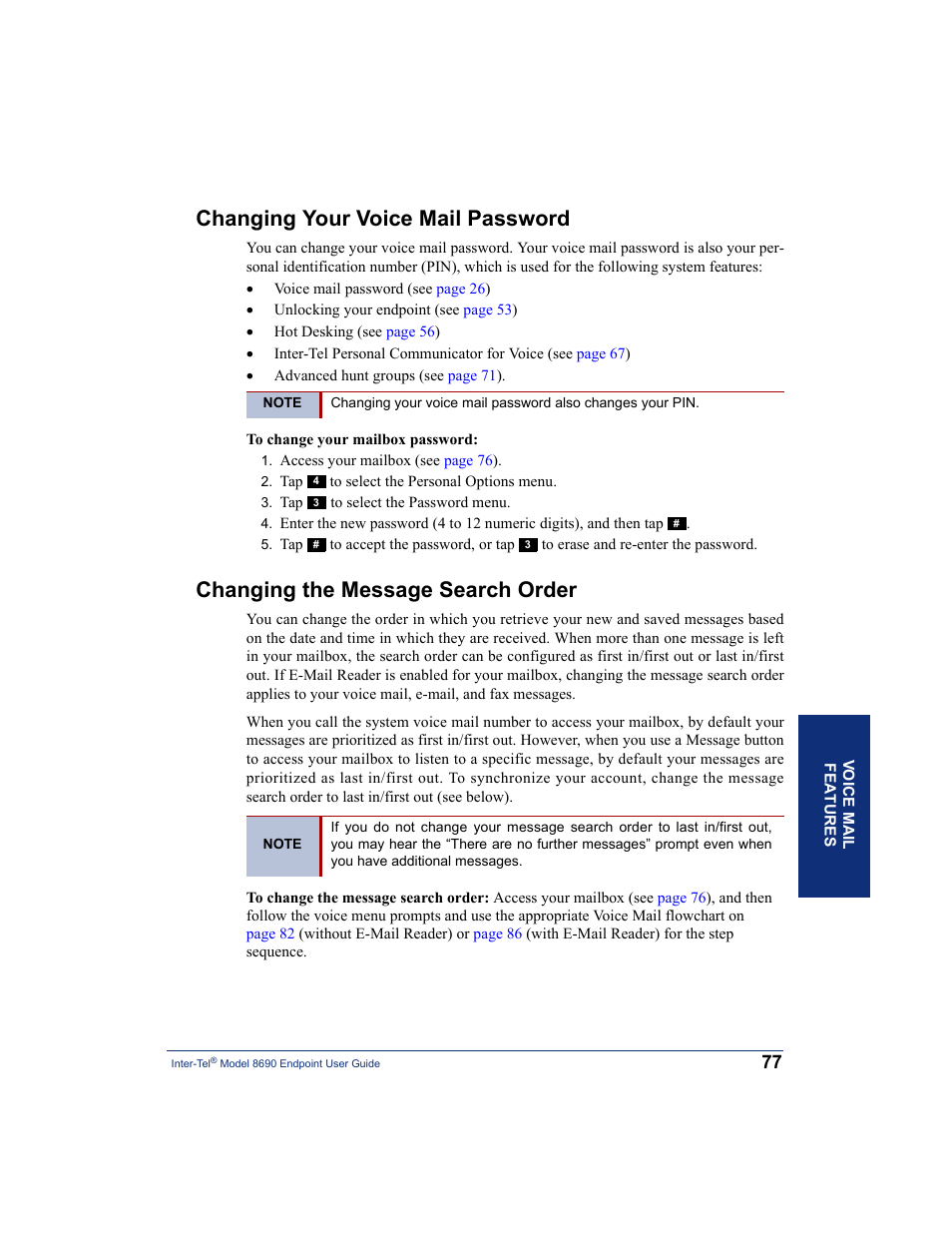 Changing your voice mail password, Changing the message search order | Inter-Tel 8690 User Manual | Page 91 / 118