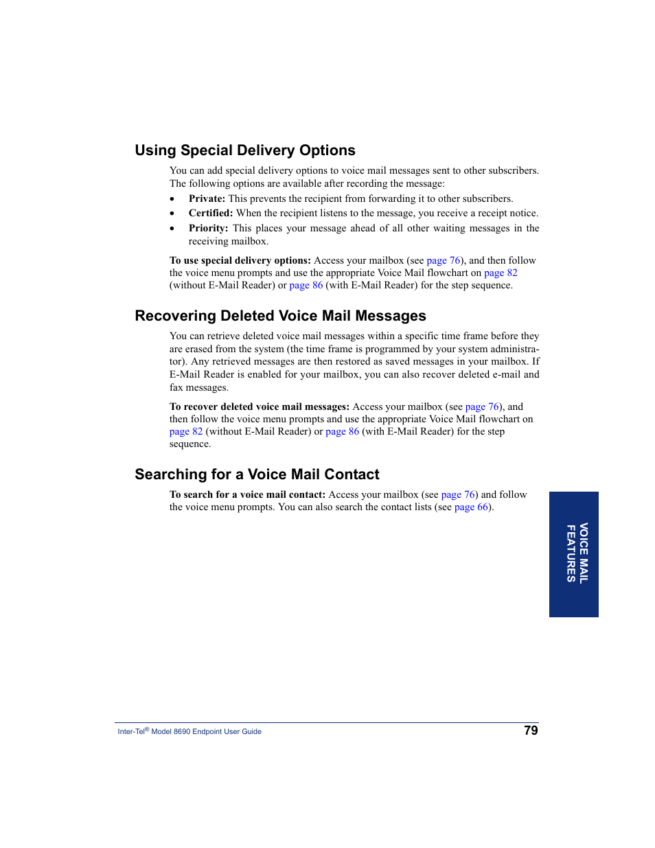 Using special delivery options, Recovering deleted voice mail messages, Searching for a voice mail contact | Inter-Tel 8690 User Manual | Page 93 / 118