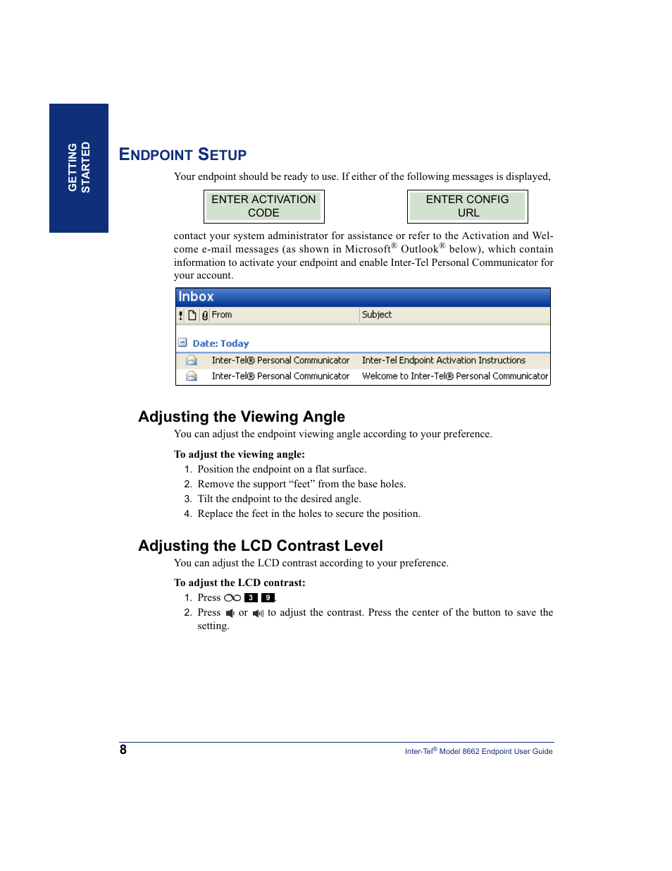 Endpoint setup, Adjusting the viewing angle, Adjusting the lcd contrast level | Ndpoint, Etup | Inter-Tel 7000 8662 User Manual | Page 22 / 90