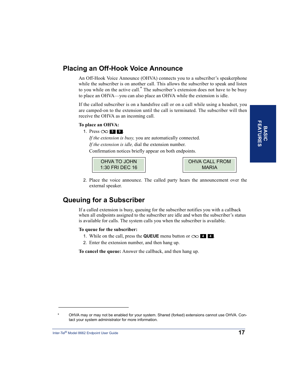 Placing an off-hook voice announce, Queuing for a subscriber, Ice announce (see | Inter-Tel 7000 8662 User Manual | Page 31 / 90