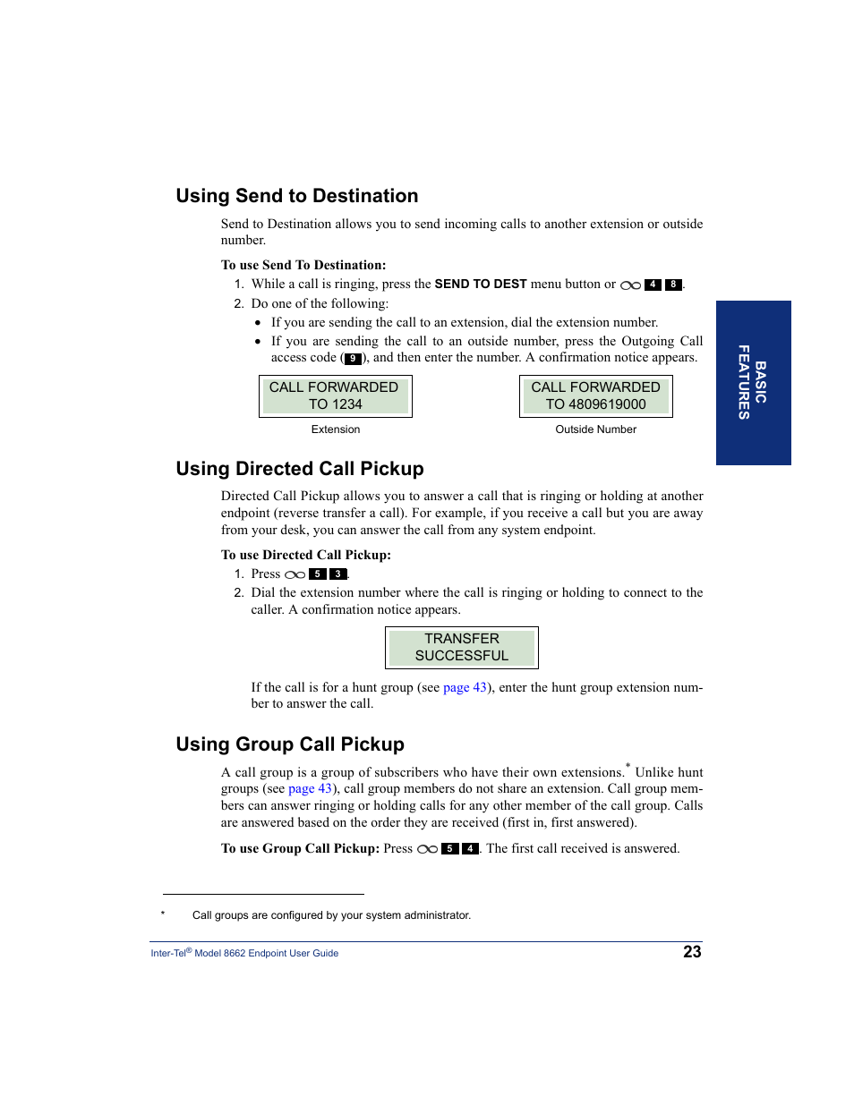 Using send to destination, Using directed call pickup, Using group call pickup | Inter-Tel 7000 8662 User Manual | Page 37 / 90