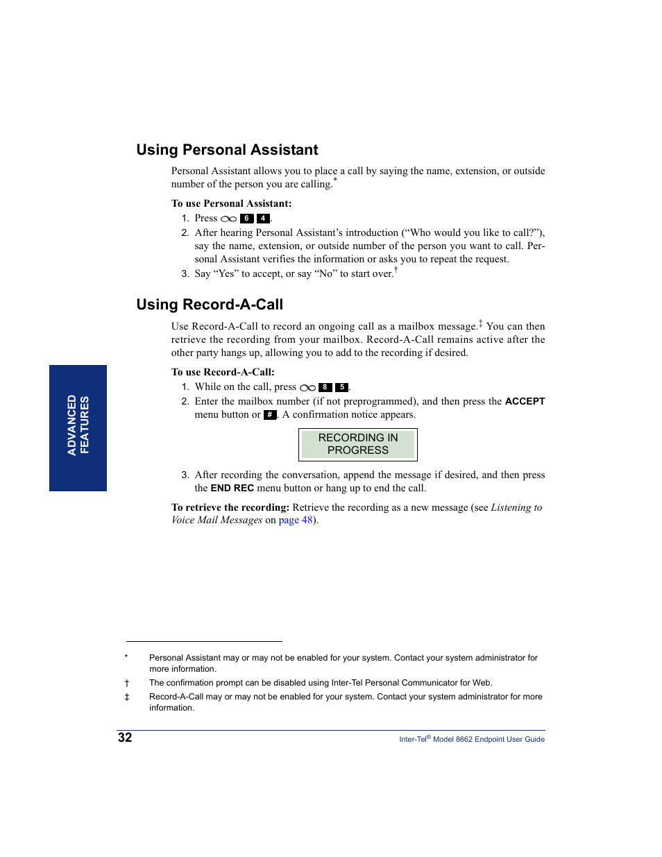 Using personal assistant, Using record-a-call, Using personal assistant using record-a-call | Inter-Tel 7000 8662 User Manual | Page 46 / 90