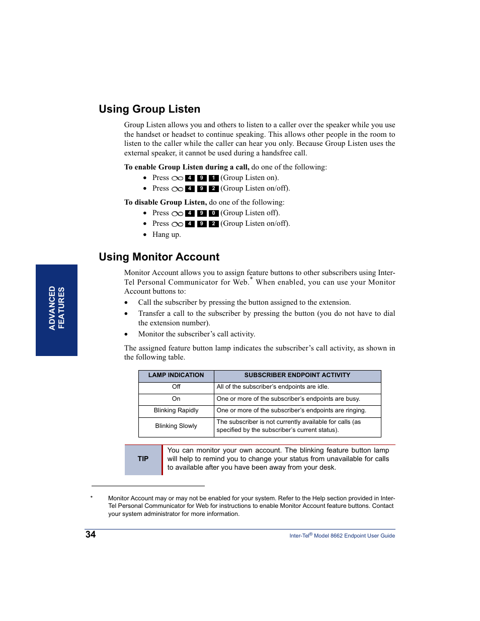Using group listen, Using monitor account, Using group listen using monitor account | T (see | Inter-Tel 7000 8662 User Manual | Page 48 / 90