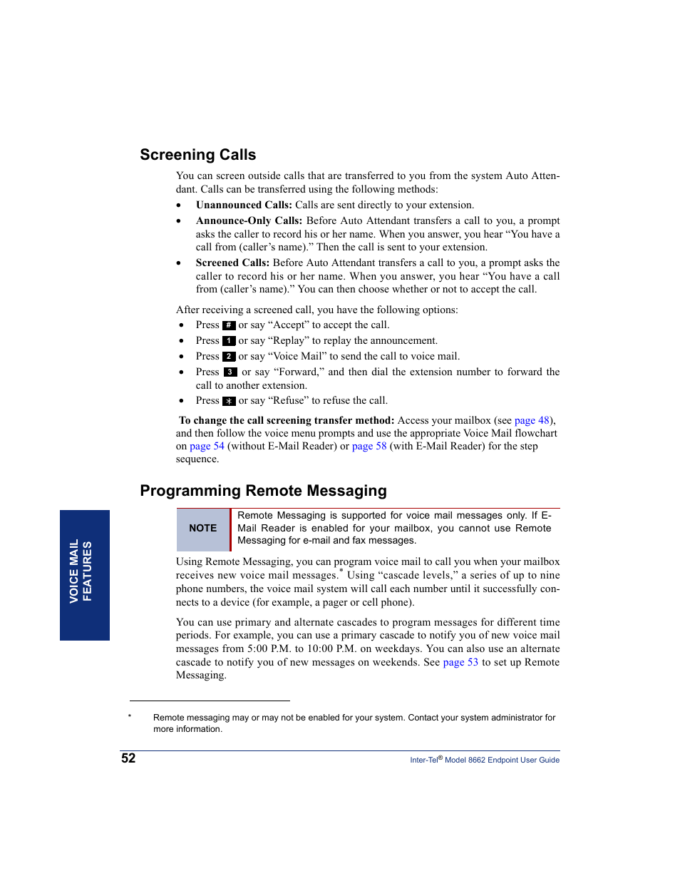 Screening calls, Programming remote messaging, Screening calls programming remote messaging | Inter-Tel 7000 8662 User Manual | Page 66 / 90