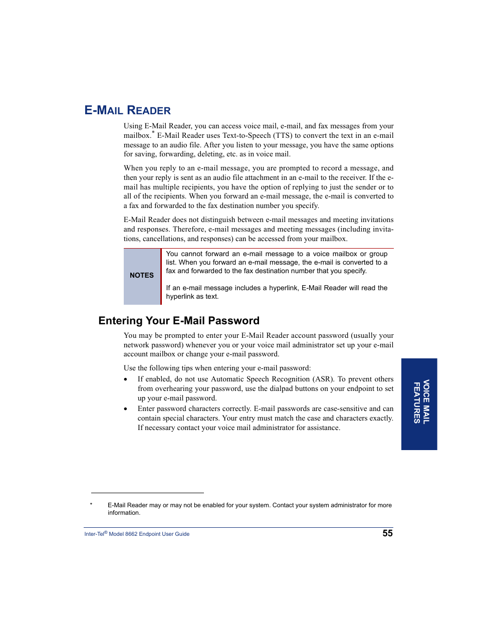 E-mail reader, Entering your e-mail password, Ader is enabled, see | Enabled, see, Eader | Inter-Tel 7000 8662 User Manual | Page 69 / 90