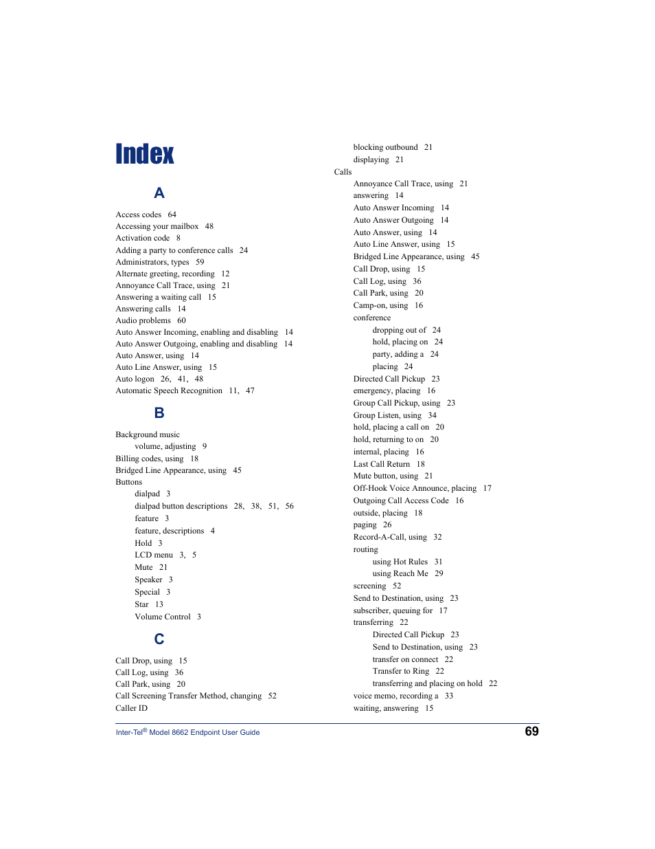 Index | Inter-Tel 7000 8662 User Manual | Page 83 / 90